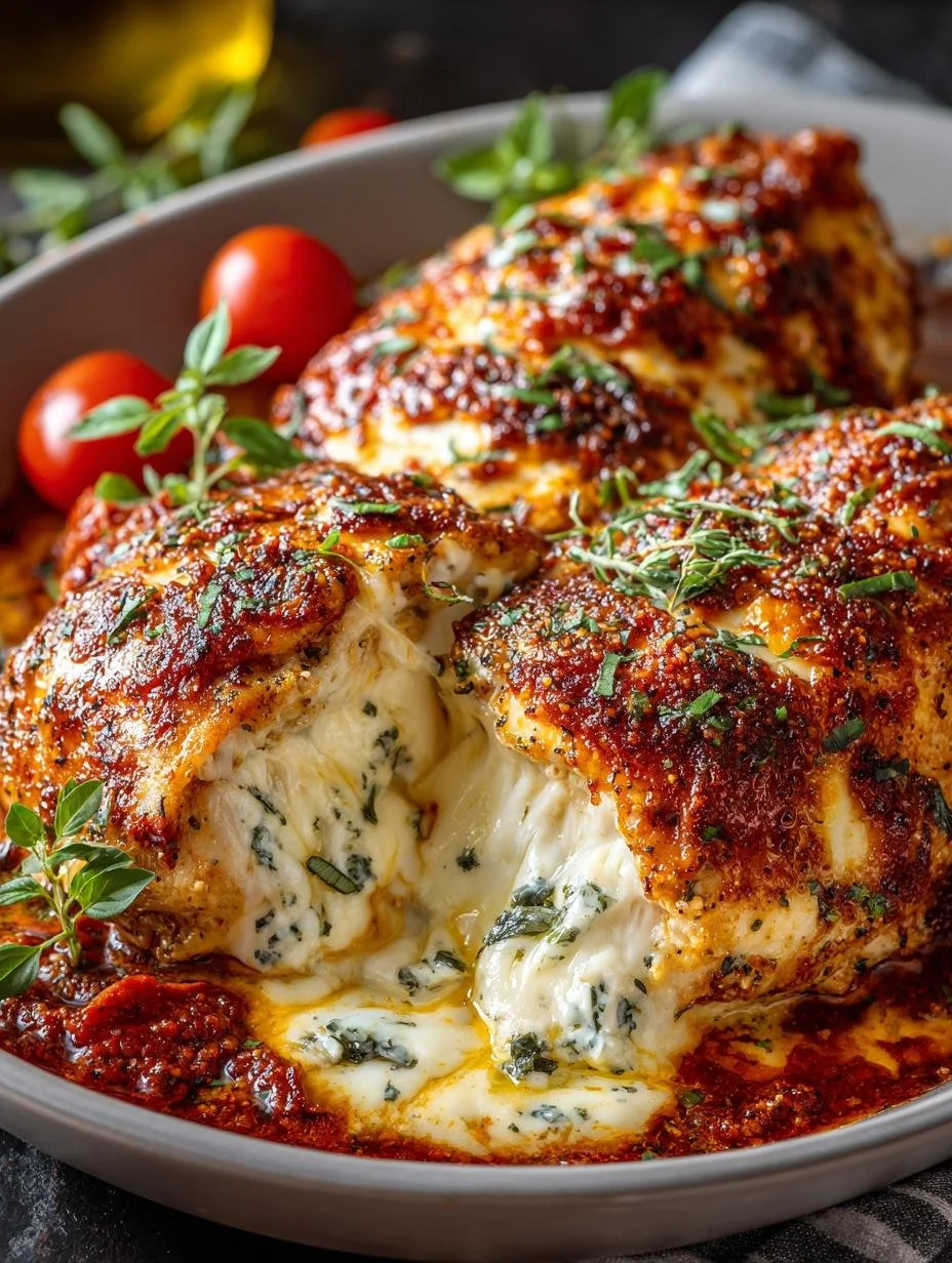 Delicious Cheesy Mozzarella Chicken Bake topped with melted cheese and herbs.