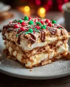 Layered Christmas cookie lasagna with festive toppings and colorful decorations.