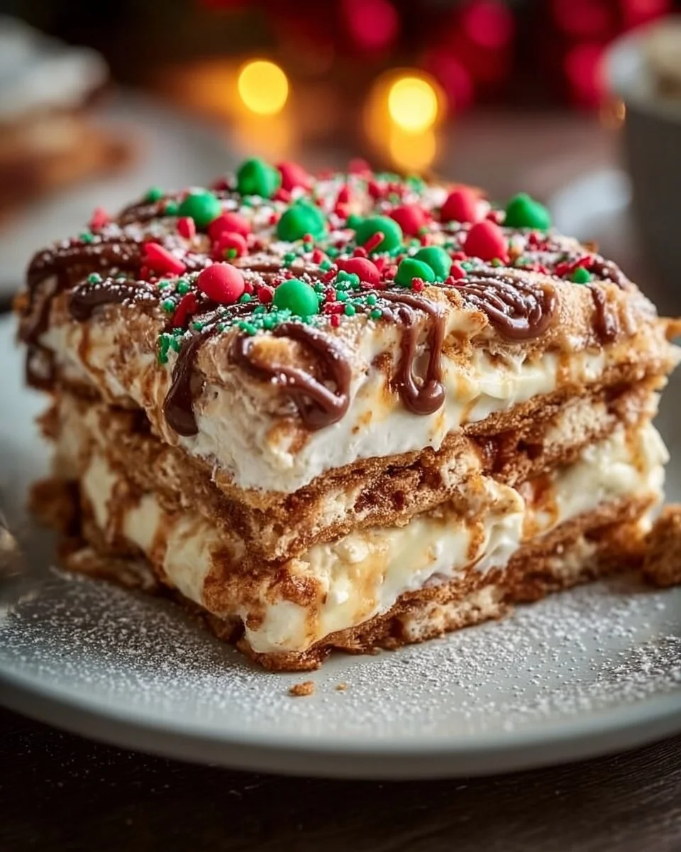 Layered Christmas cookie lasagna with festive toppings and colorful decorations.