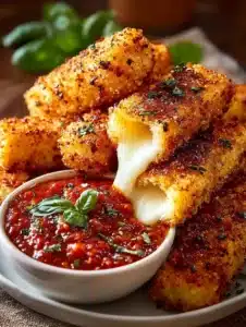 Crispy Mozzarella Sticks Irresistibly 3 Crispy mozzarella sticks served with marinara sauce on a plate.