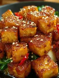 Plate of crispy tofu garnished with herbs and served with dipping sauce