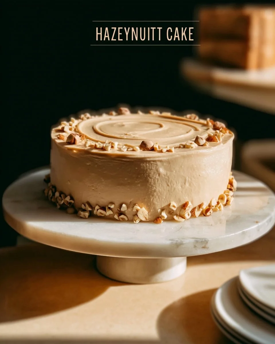 Delicious easy hazelnut cake topped with nuts and chocolate drizzle.