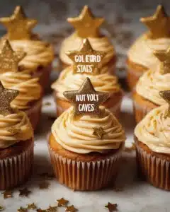Delicious Gold Star Cupcakes decorated with golden stars.