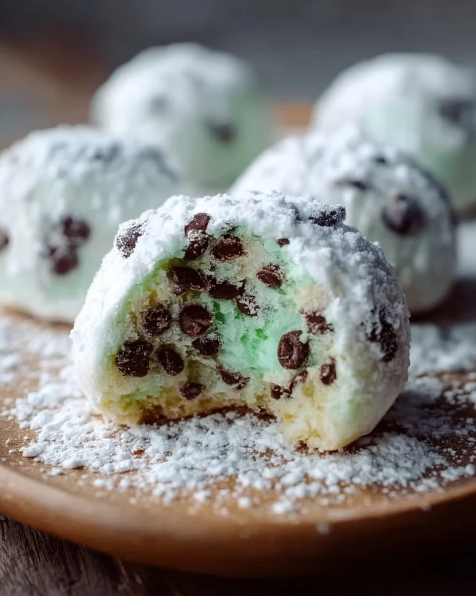 Mint Chocolate Chip Snowball Cookies on a plate with mint leaves