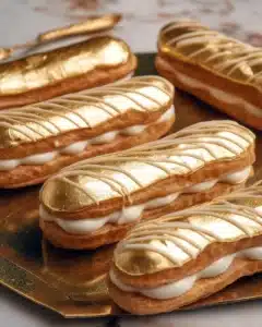 New Year’s Eve éclairs with a shimmering gold glaze, perfect for celebrations.