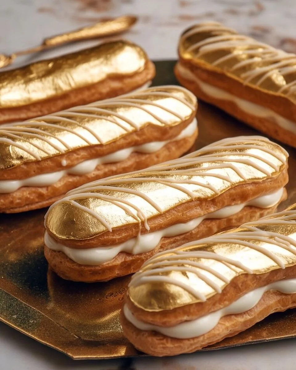 New Year’s Eve éclairs with a shimmering gold glaze, perfect for celebrations.