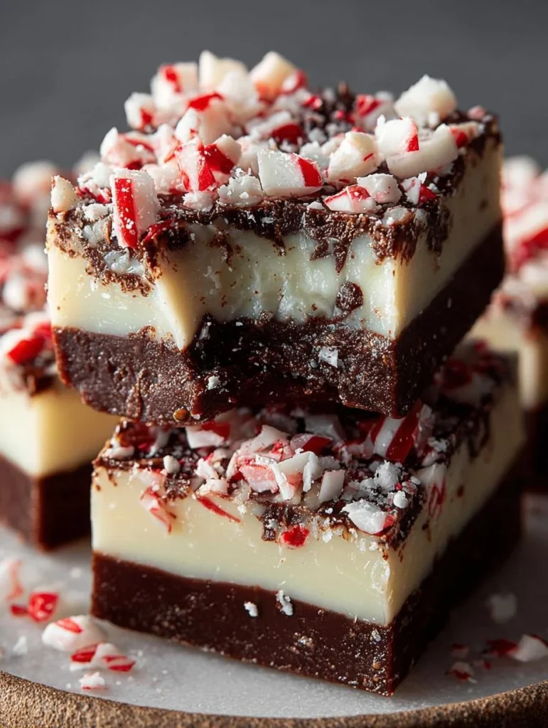 Delicious peppermint bark fudge decorated with festive peppermint pieces