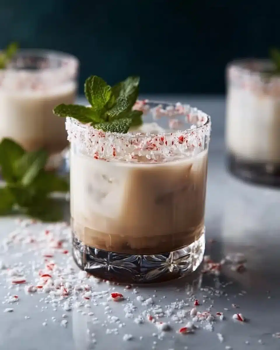 Delicious Peppermint White Russian cocktail with festive garnishes.