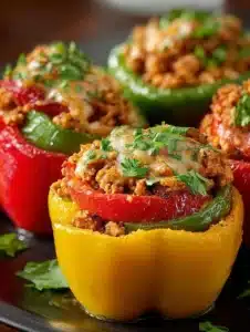 Savory Ground Turkey Peppers 3 Savory ground turkey stuffed peppers garnished with herbs and spices