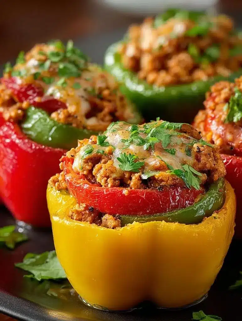 Savory ground turkey stuffed peppers garnished with herbs and spices