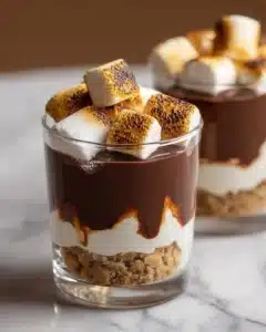 S'mores Pudding Shots 1 Delicious S'mores Pudding Shots in cups topped with graham crackers and chocolate
