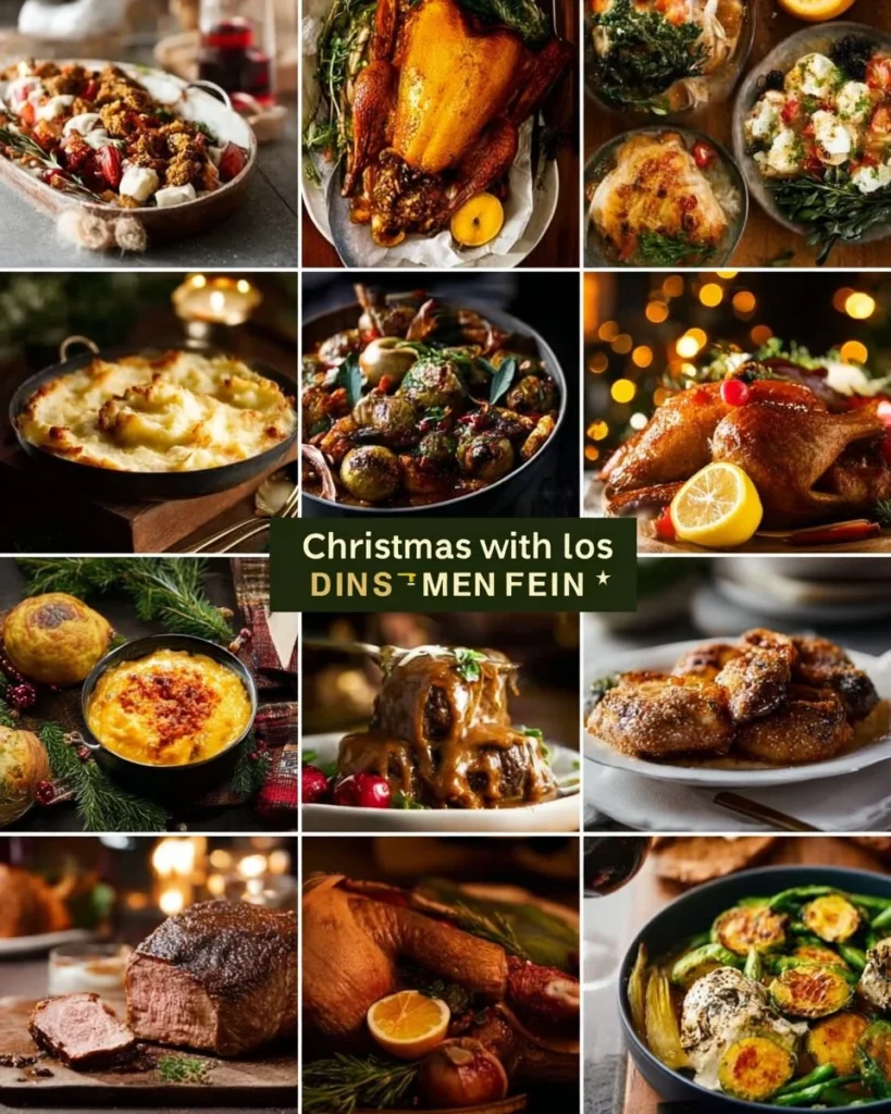 Traditional Christmas dinner with festive dishes and decorations