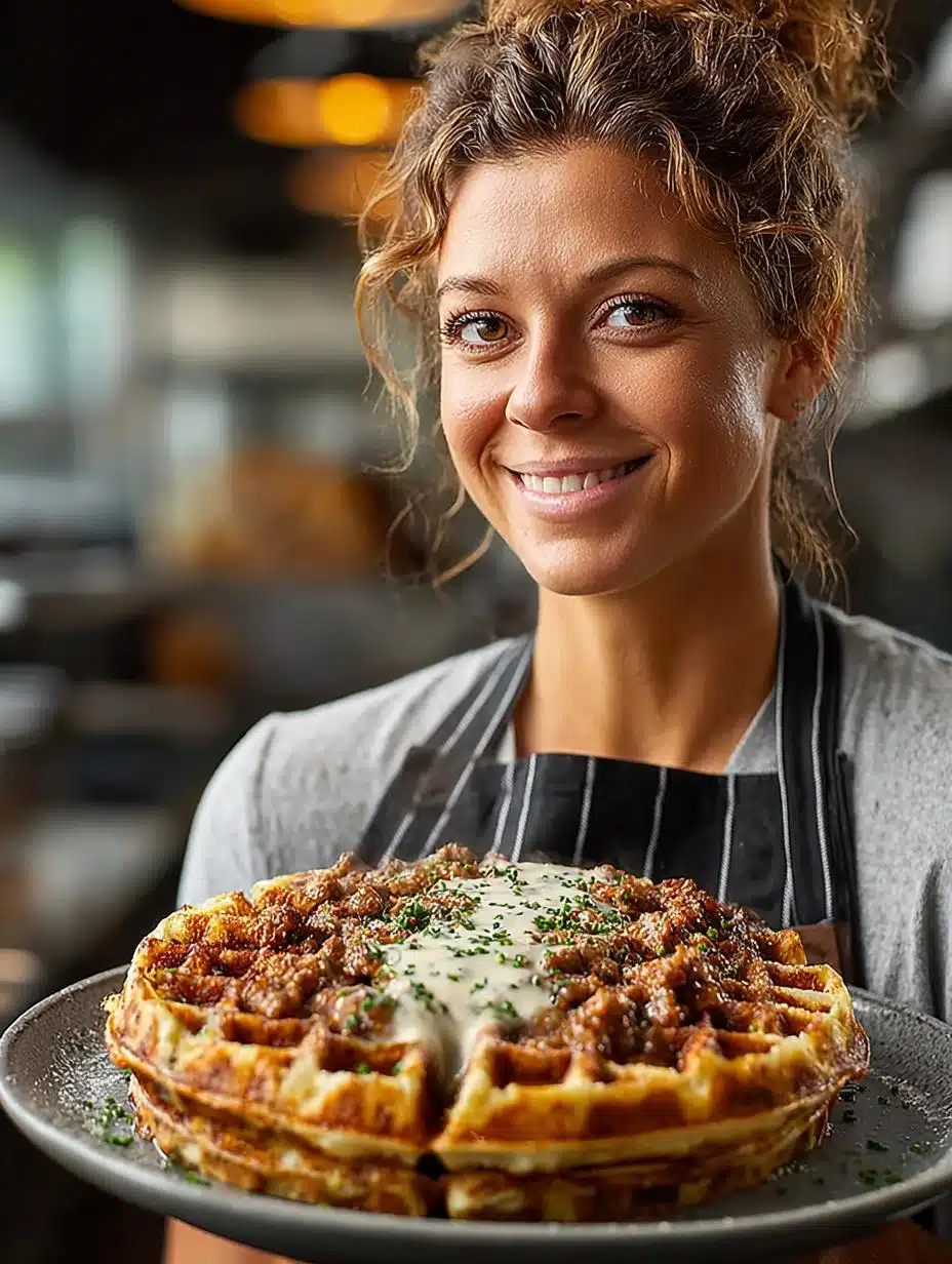 Cheddar Chive Waffles with Savory Sausage Gravy for Breakfast - Cheddar Chive Waffles with - main visual representation