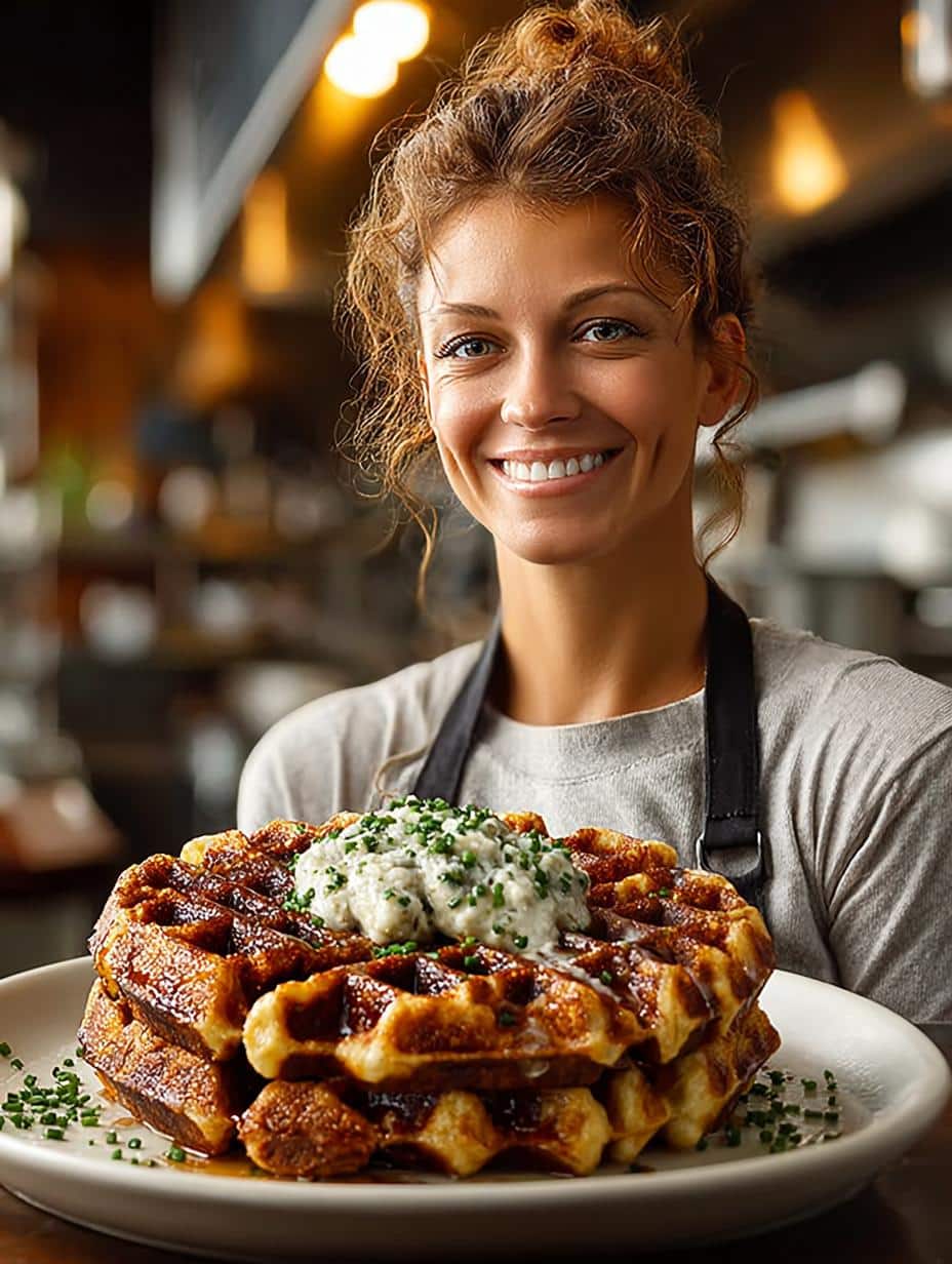 Cheddar Chive Waffles with Savory Sausage Gravy for Breakfast - Cheddar Chive Waffles with - additional detail