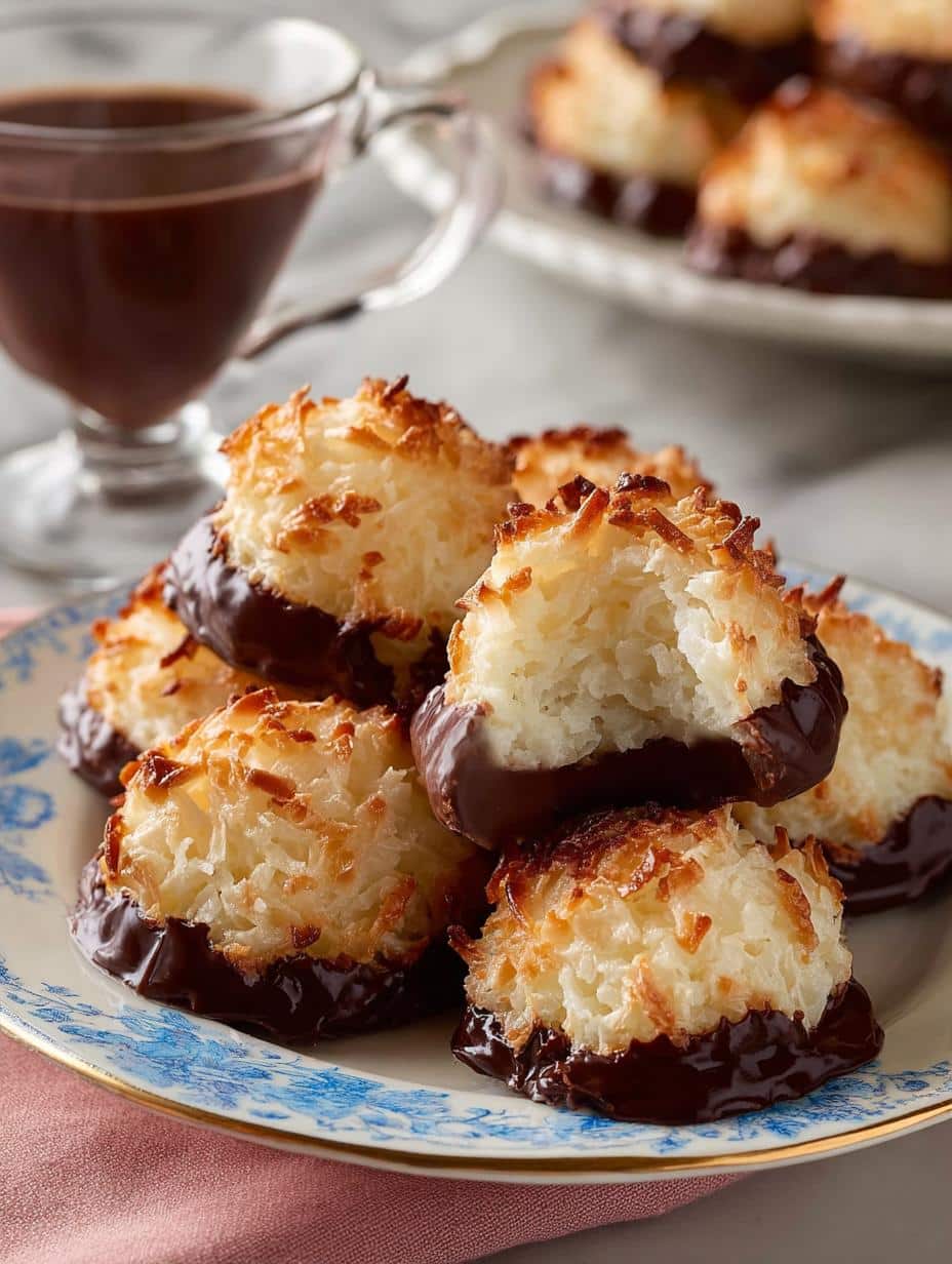 Chocolate Dipped Coconut Macaroons: 5 Irresistible Treats 2 Chocolate Dipped Coconut Macaroons: 5 Irresistible Treats - Chocolate Dipped Coconut Macaroons - main visual representation