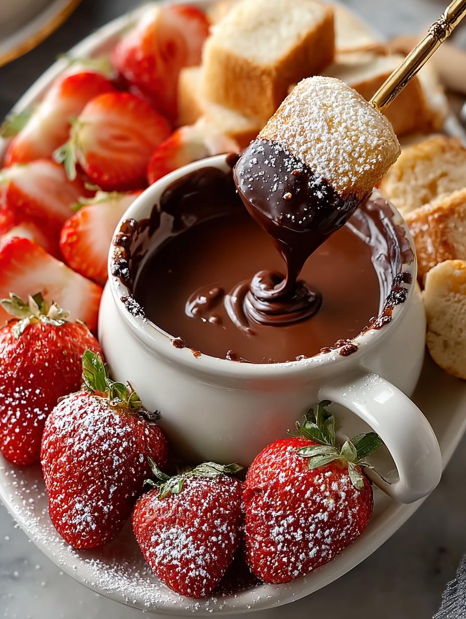 Irresistible Chocolate Fondue Home with fresh strawberries and marshmallows