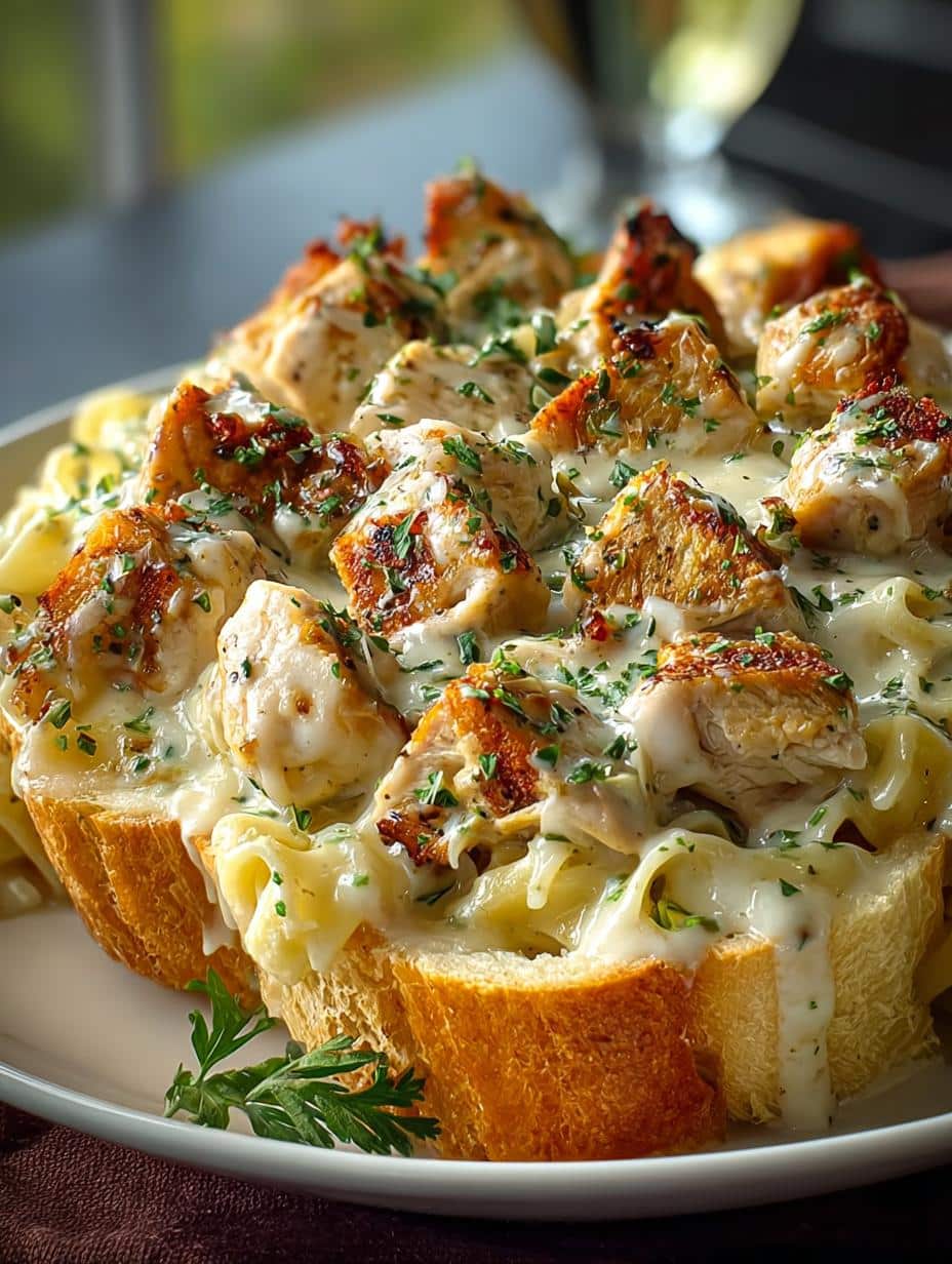 Irresistible Chicken Alfredo with Garlic Bread Delight 1 Irresistible Chicken Alfredo with