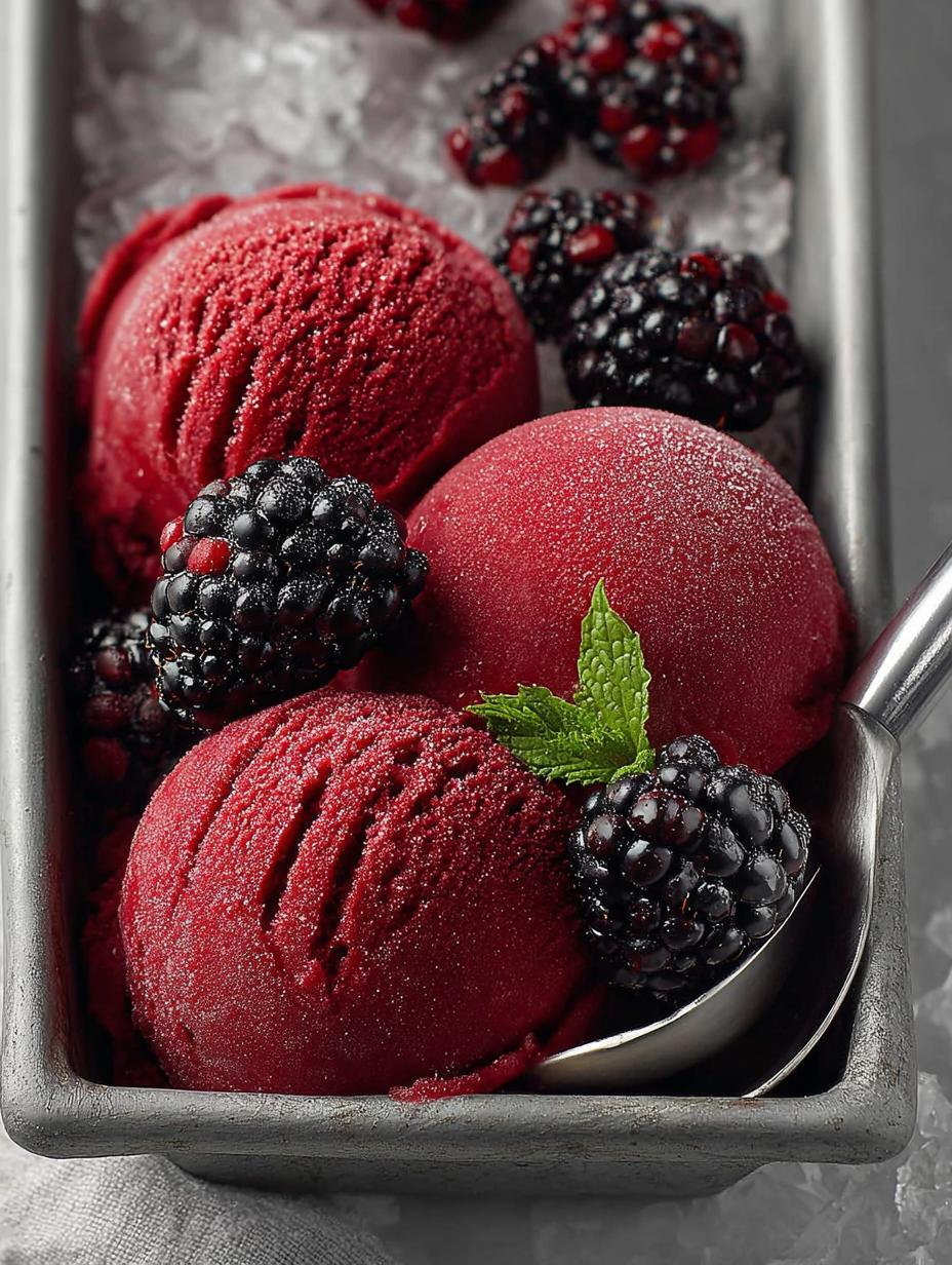 Irresistible blackberry sorbet fresh from the ice cream maker in a bowl