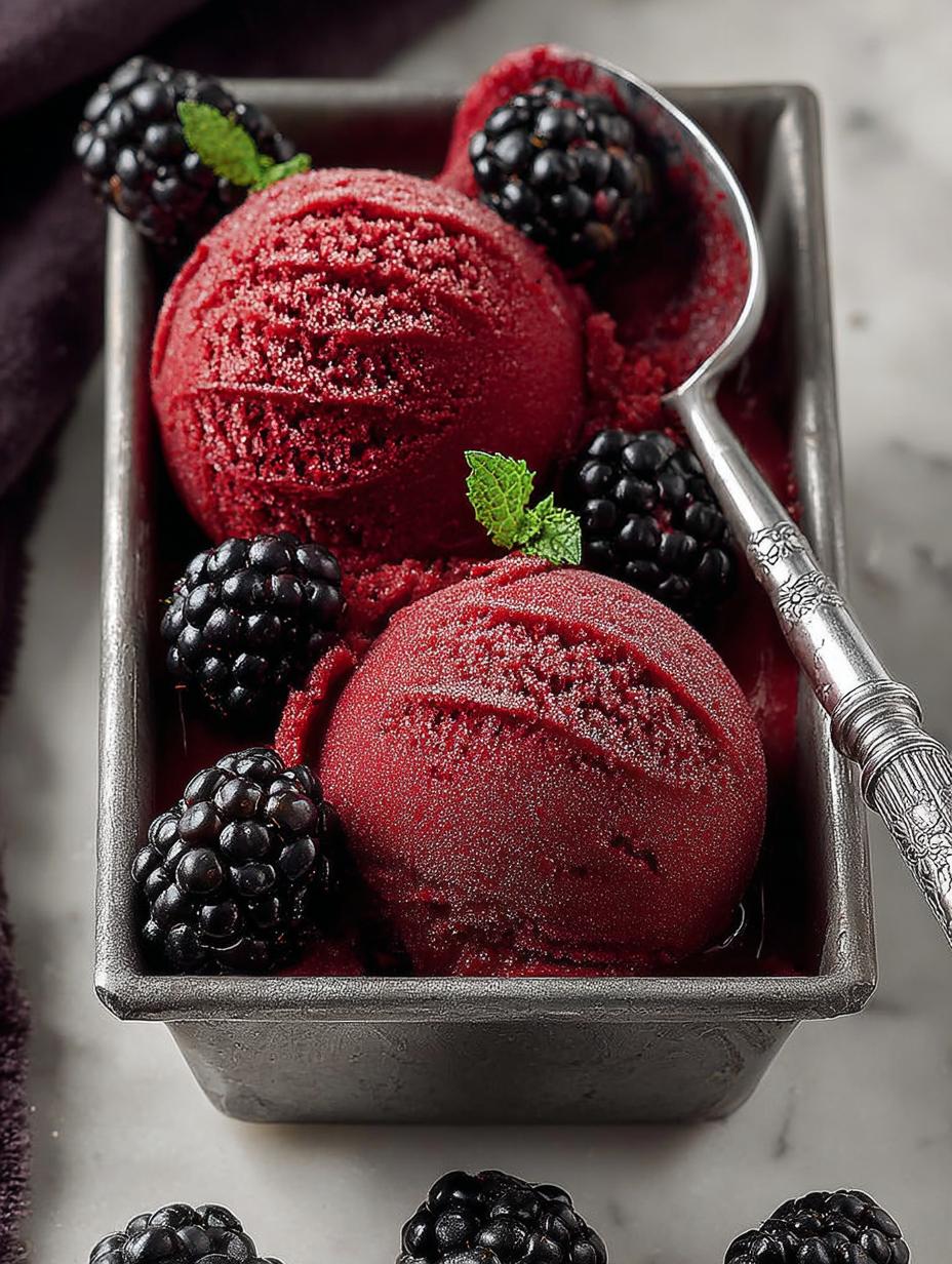 Delicious blackberry sorbet served in a bowl with fresh blackberries