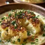 Asiago roasted garlic cauliflower dish garnished and ready to serve