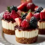 Delicious mini cheesecakes topped with fresh fruit and chocolate sauce.