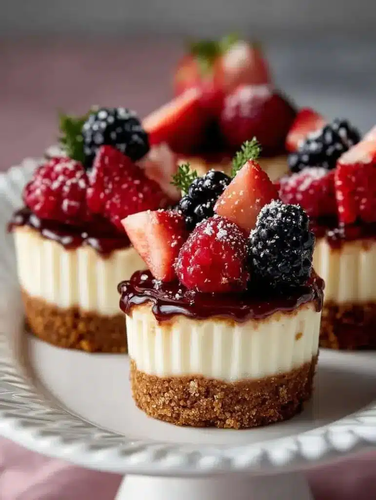 Delicious mini cheesecakes topped with fresh fruit and chocolate sauce.
