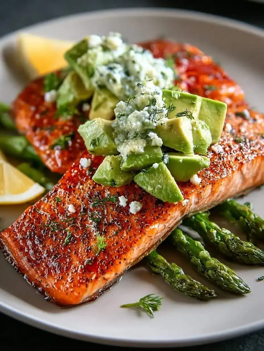 Delicious baked salmon topped with creamy avocado slices