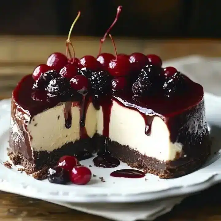 Delicious Black Forest Cheesecake topped with cherries and chocolate shavings