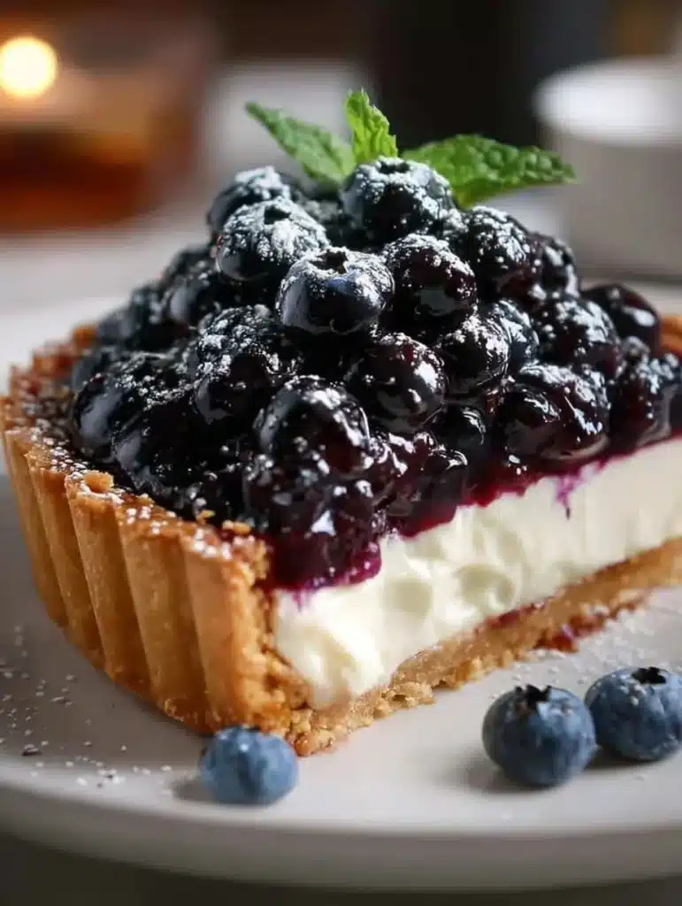 Delicious Blueberry Tart topped with mascarpone cheese and fresh blueberries
