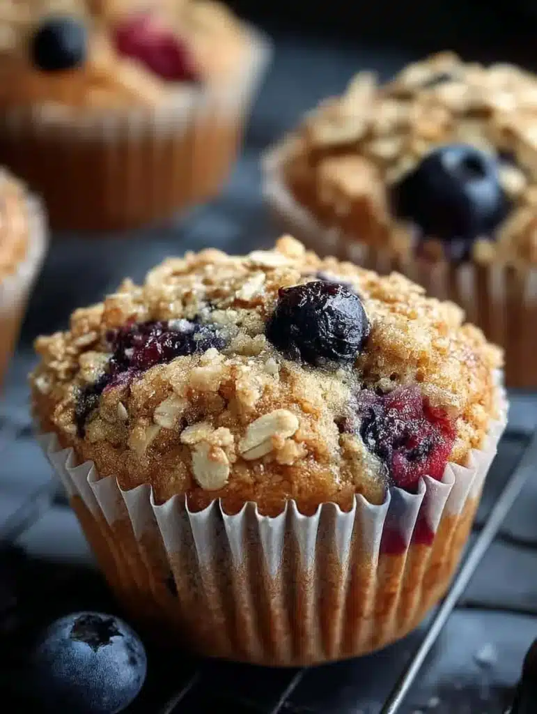 Freshly baked blueberry oatmeal muffins on a wooden table