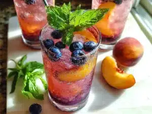 Blueberry Peach Vodka Spritzer cocktail garnished with fresh fruit.