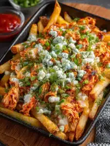 Delicious Buffalo Chicken Loaded Fries topped with cheese and spicy sauce