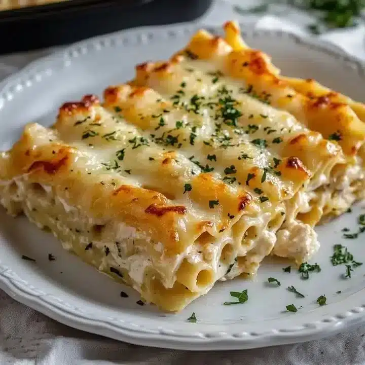 Chicken Alfredo Lasagna Rolls 1 Delicious Chicken Alfredo Lasagna Rolls topped with creamy sauce and cheese