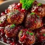 Delicious Christmas Cranberry Beef Meatballs served on a festive platter