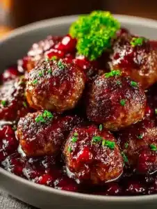 Delicious Christmas Cranberry Beef Meatballs served on a festive platter