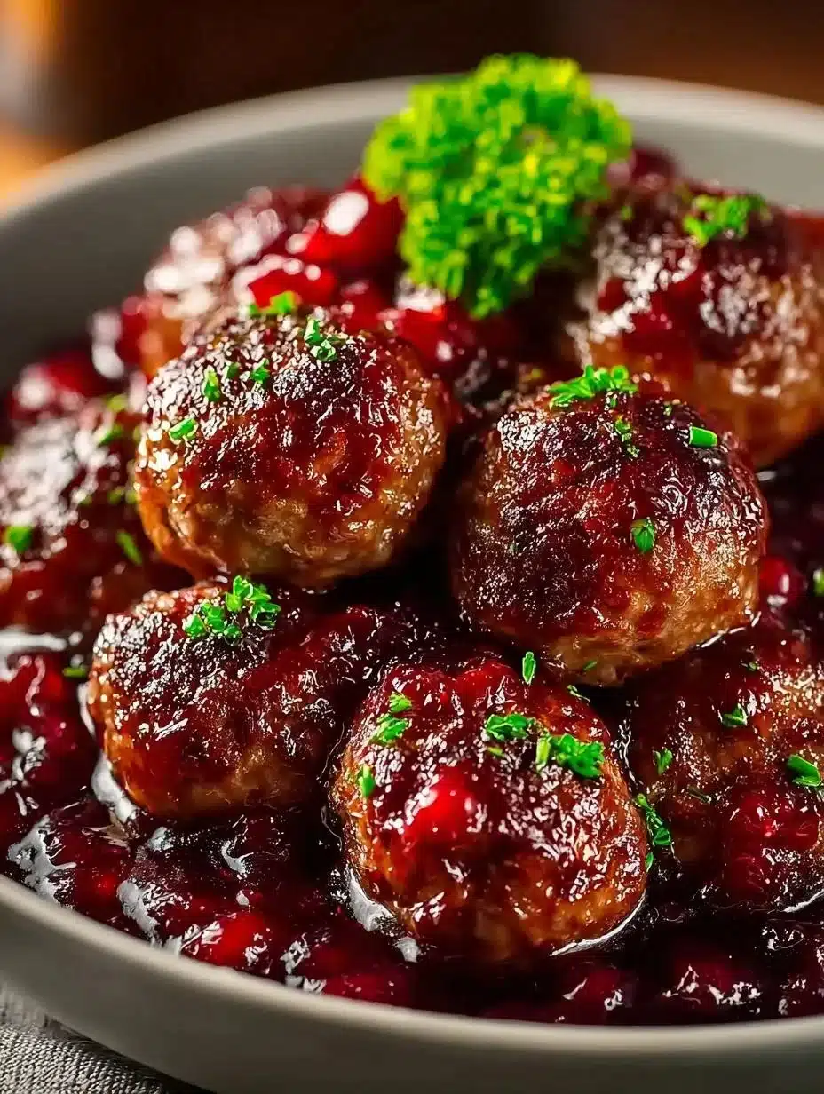 Delicious Christmas Cranberry Beef Meatballs served on a festive platter