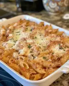 Cream Cheese Baked Pasta dish with melted cheese and pasta noodles