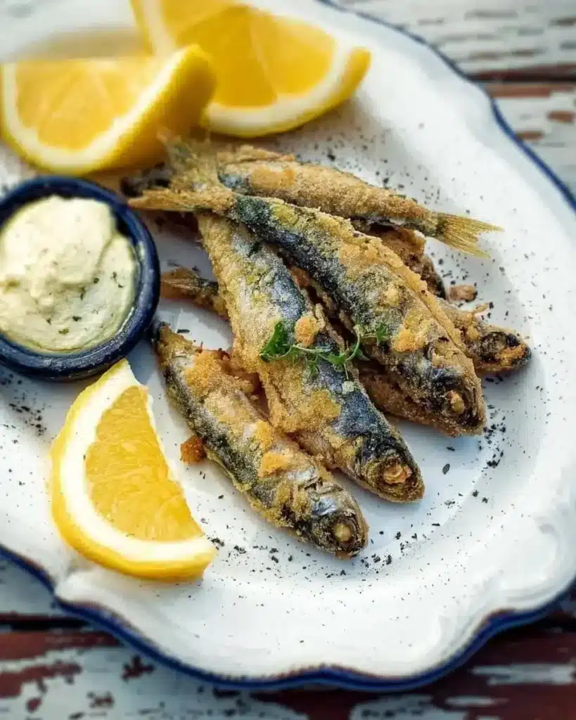 Crispy fried sardines garnished with fresh herbs, served on a plate.