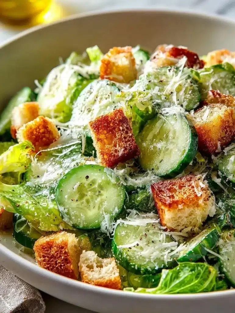 Refreshing Cucumber Caesar Salad with crisp greens and creamy dressing