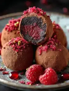Dark Chocolate Raspberry Truffles 5 Delicious dark chocolate raspberry truffles on a plate
