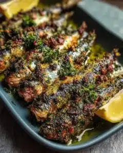 Flavorful Garlic Herb Crusted Roasted Sardines 3 Garlic herb crusted roasted sardines garnished with fresh herbs on a plate