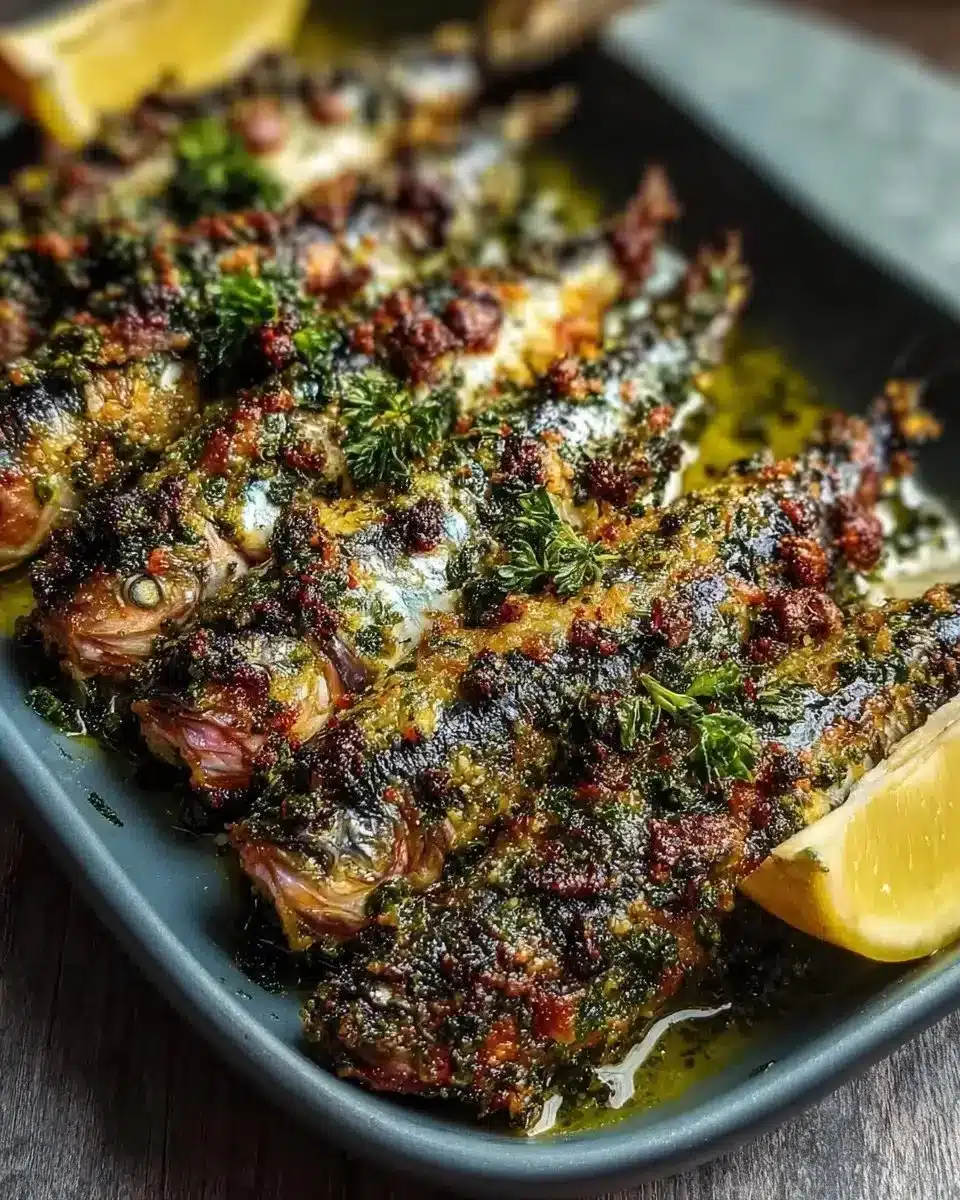 Flavorful Garlic Herb Crusted Roasted Sardines 1 Garlic herb crusted roasted sardines garnished with fresh herbs on a plate