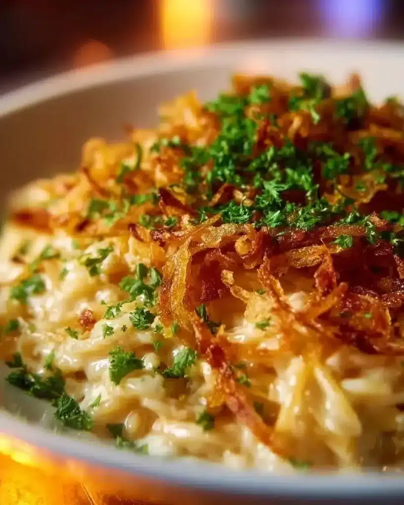 Delicious French onion chicken orzo casserole served in a dish