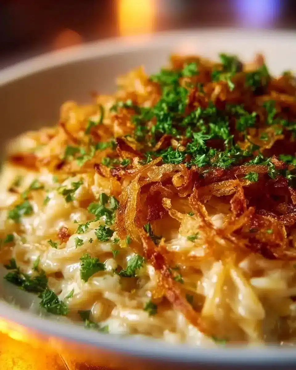 Delicious French onion chicken orzo casserole served in a dish