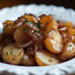 Baked French Onion Potatoes topped with cheese and herbs in a serving dish