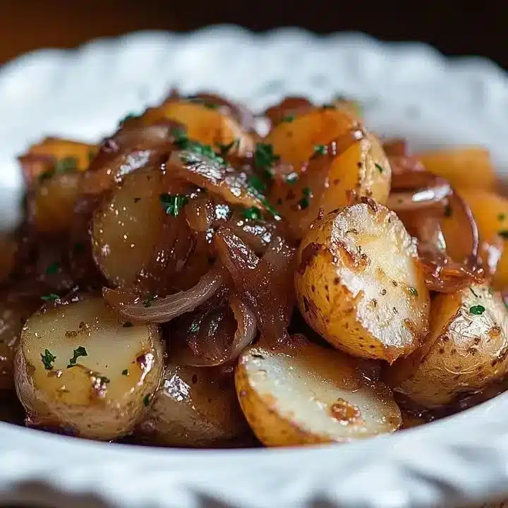Baked French Onion Potatoes topped with cheese and herbs in a serving dish