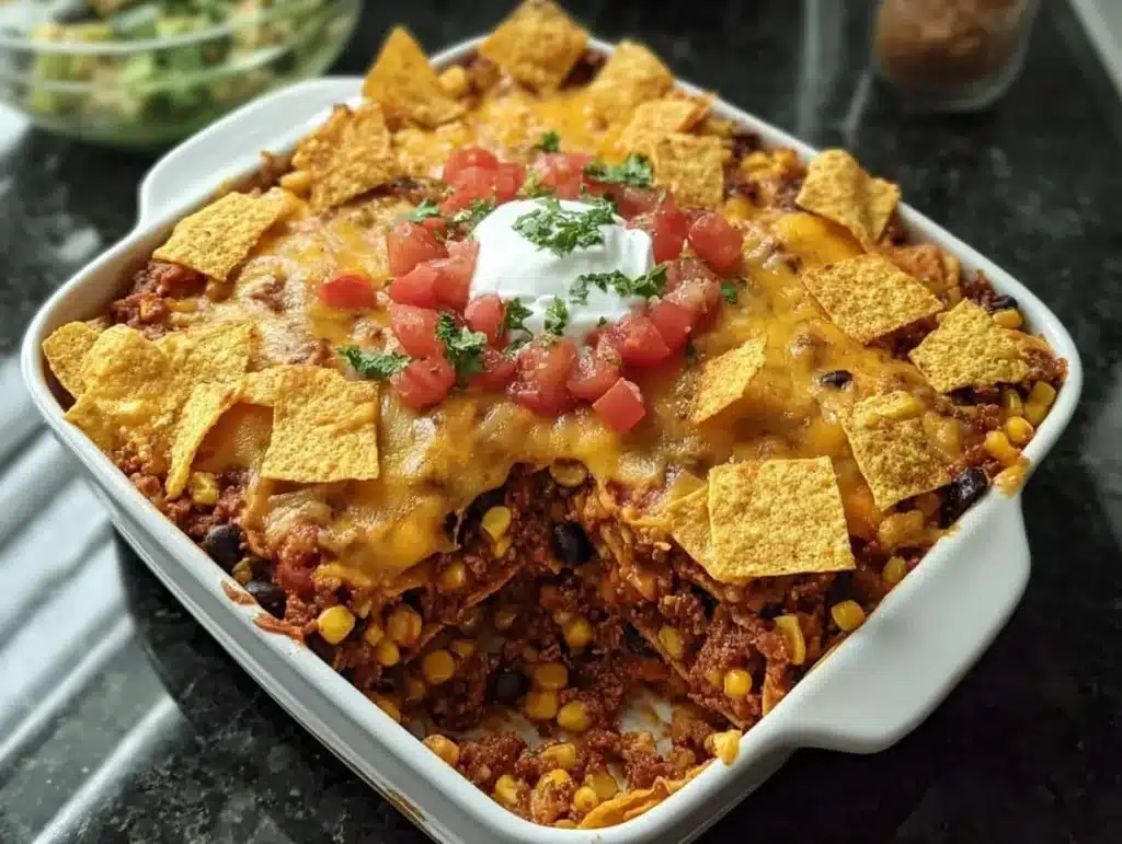 Delicious Frito Pie Casserole served in a dish