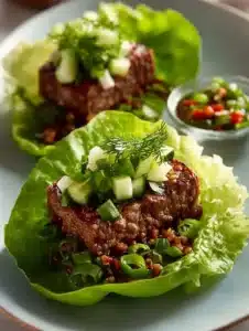Ginger Scallion Beef Lettuce 5 Ginger Scallion Beef served in lettuce cups, showcasing vibrant colors and fresh ingredients.