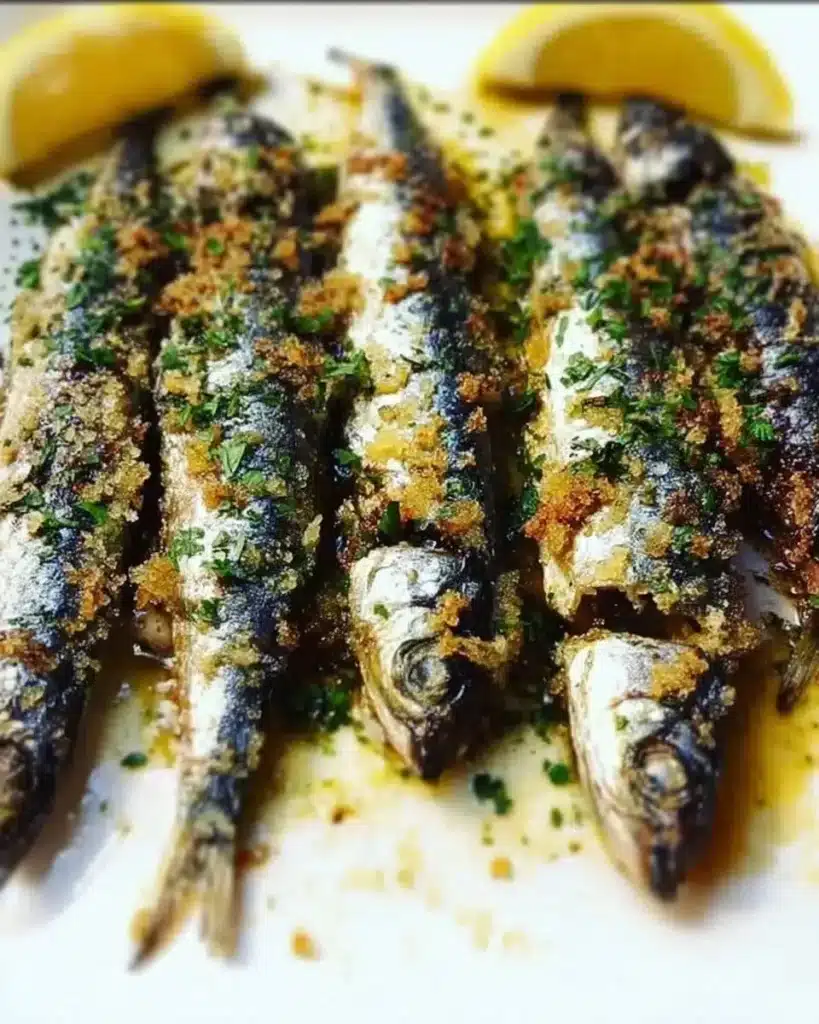 Herb-crusted roasted sardines with Mediterranean garlic served on a plate.