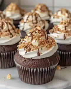 Delicious Hershey's S'mores Cupcakes topped with chocolate and marshmallows